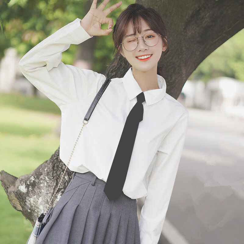 2022春款polo领白衬衫女长袖 领带小清新学生学院风衬衣日系正装 白色