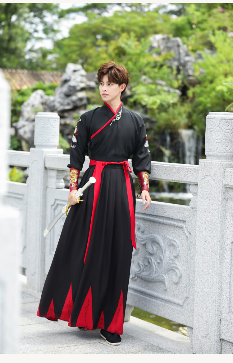 裳厢记汉服男锦衣卫 中国风古装大码交领长袖二件套汉服男生黑色书生