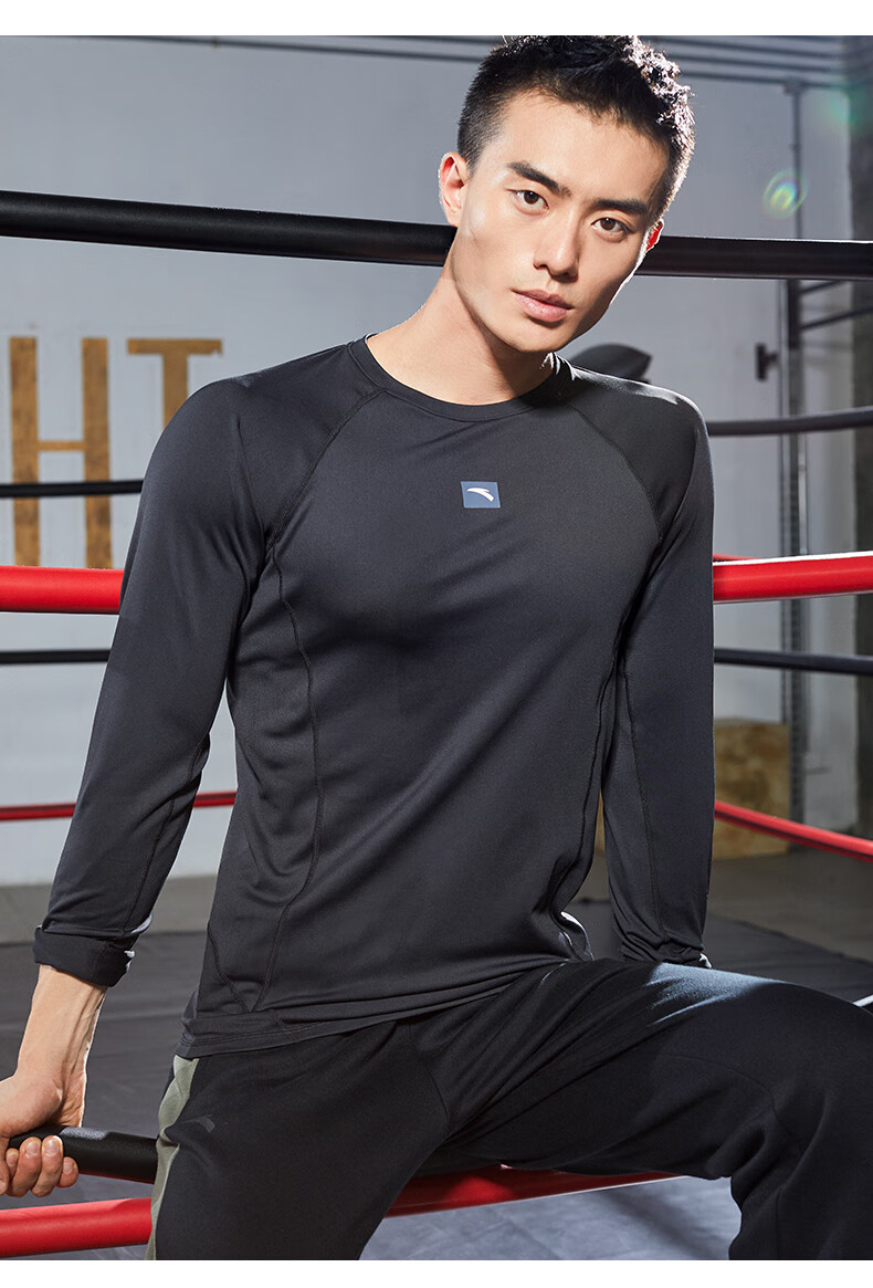 安踏健身服男2021春季新款运动长袖跑步紧身衣速干训练服高弹力健身服
