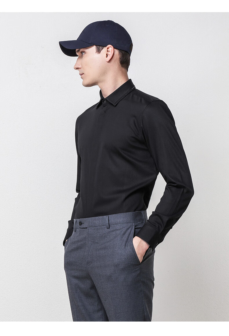 报喜鸟2021春秋季新款男士商务休闲长袖衬衫 修身黑色简约西服衬衣