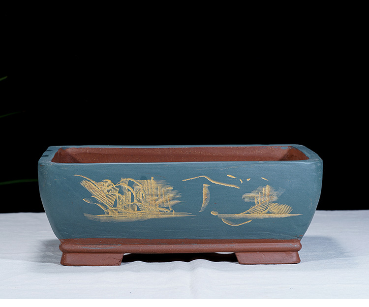 马槽盆紫砂陶瓷盆景盆长方形花盆阳台绿植梅花四方马槽盆 青灰色