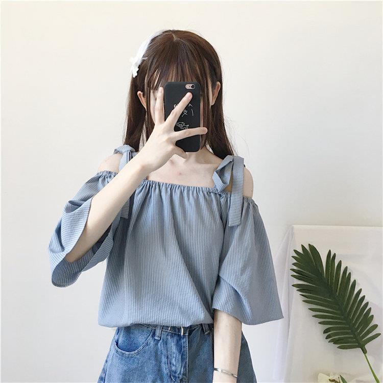 泰国吊带一字肩上衣女可爱甜美学生宽松夏季锁骨露肩心机短袖粉红色