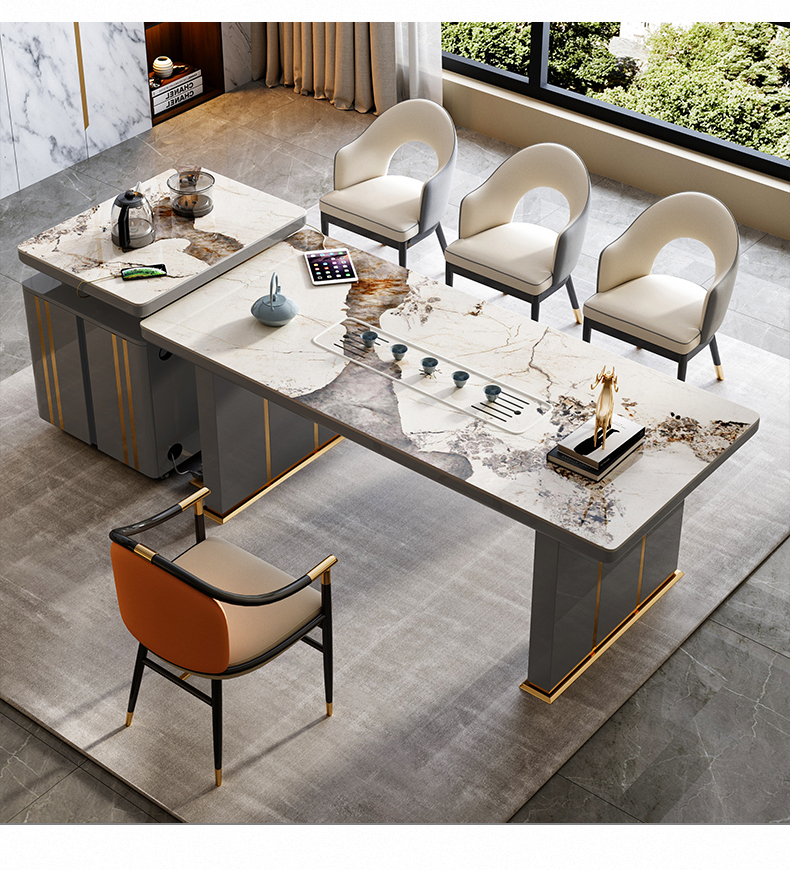 岛台茶桌餐桌一体轻奢岩板茶桌高端岛台餐桌一体两用大板茶桌椅组合