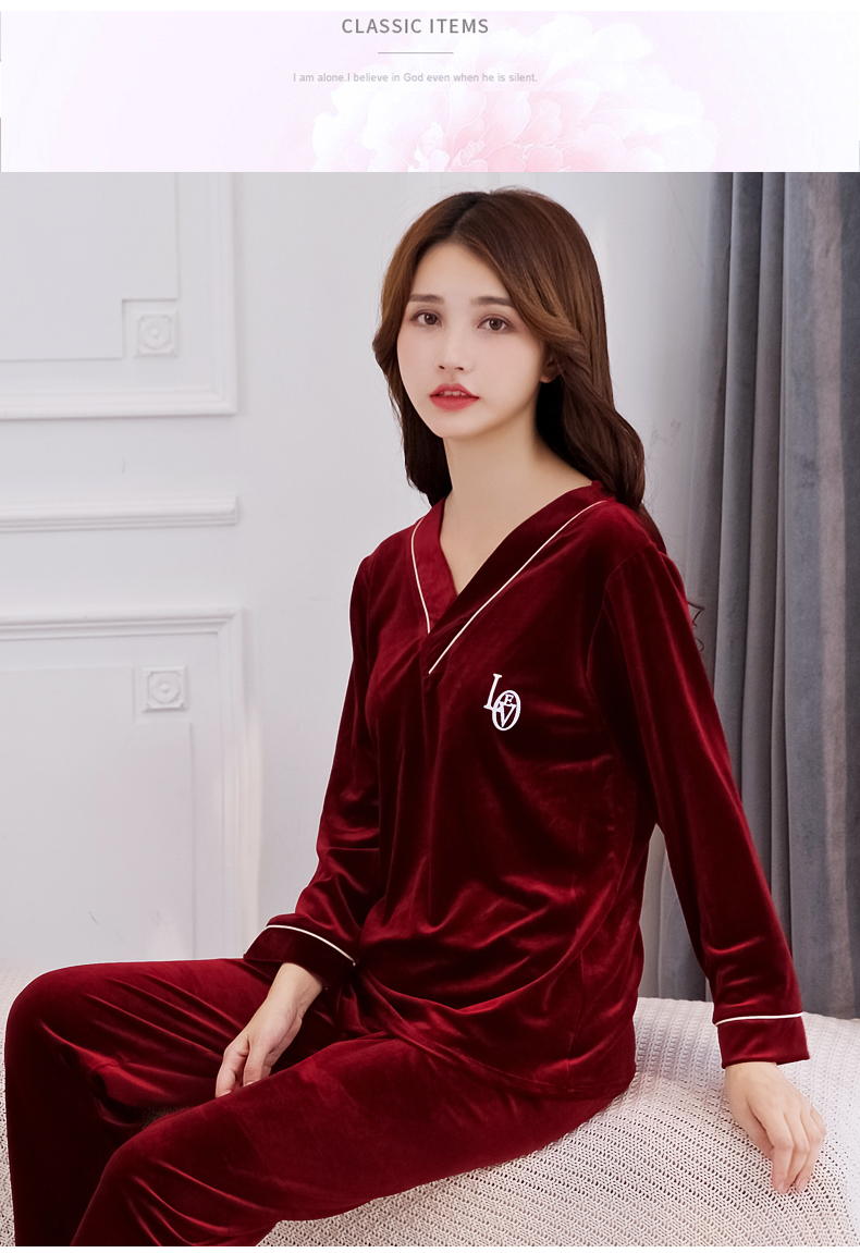 恒源祥品牌新品维多利亚性感睡衣女秋金丝绒套装长袖花边可外穿可爱