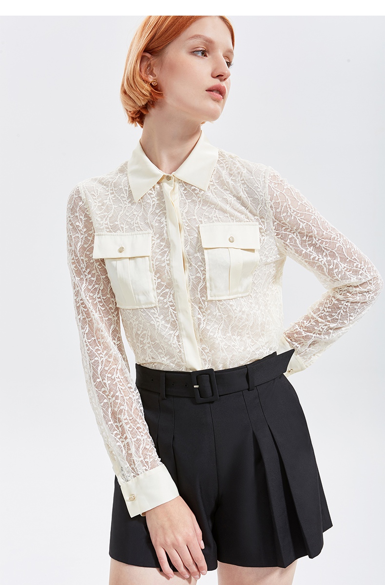 five plus新款女夏装蕾丝衬衫女长袖宽松衬衣薄翻领棉质洋气 黑色090