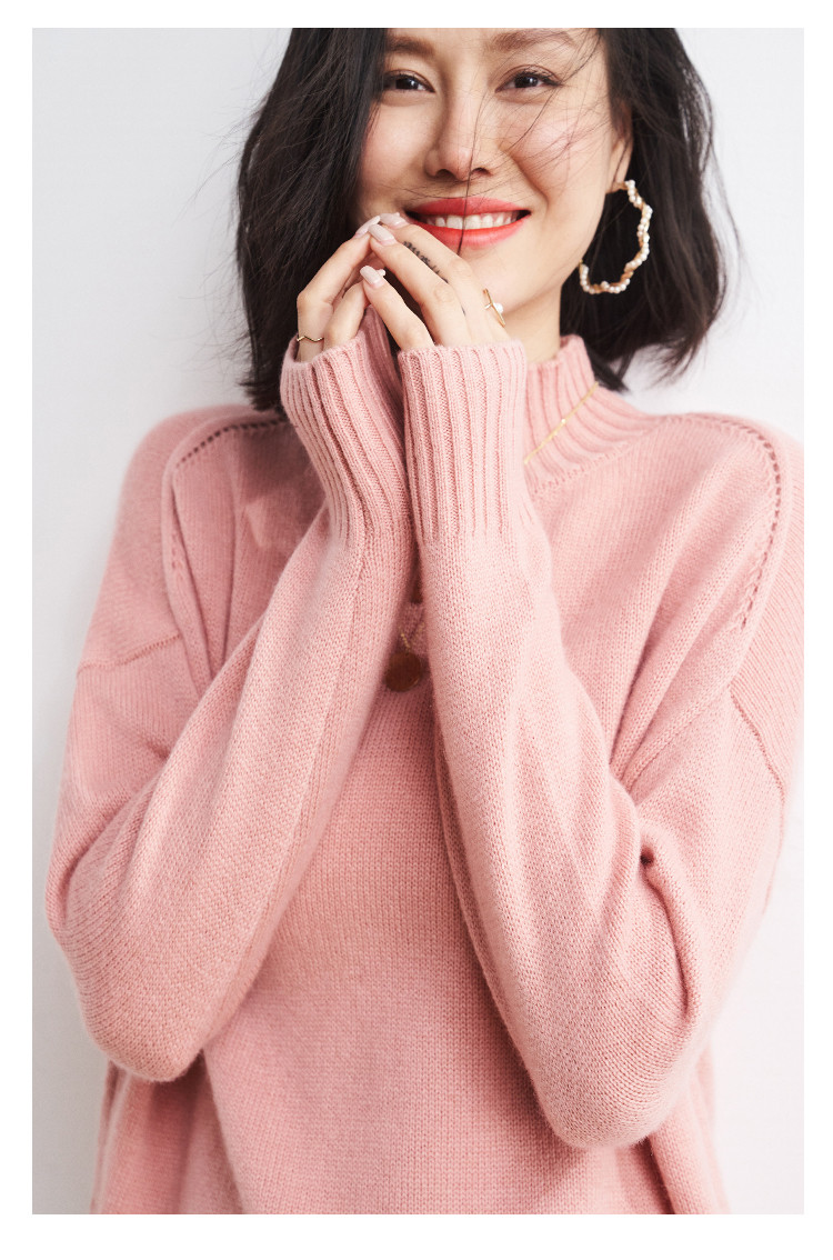 减龄粉色毛衣女2020冬季新款保暖半高领宽松显瘦长袖开叉羊毛针织衫