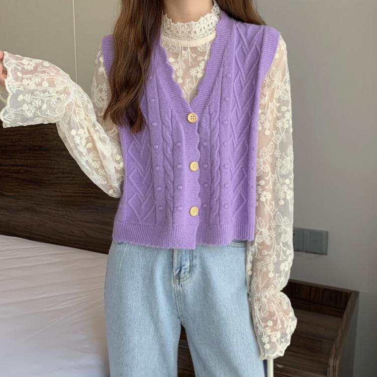 毛线马甲背心女毛衣女小个子甜美温柔马甲背心别致开衫上衣紫色马甲