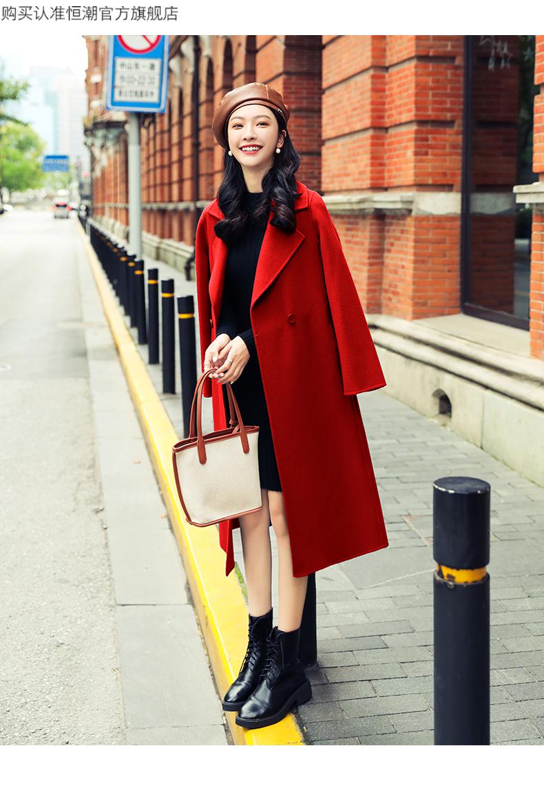 双面呢羊绒大衣女中长款2020年秋冬赫本风毛呢外套女冬 玫红色 155/s