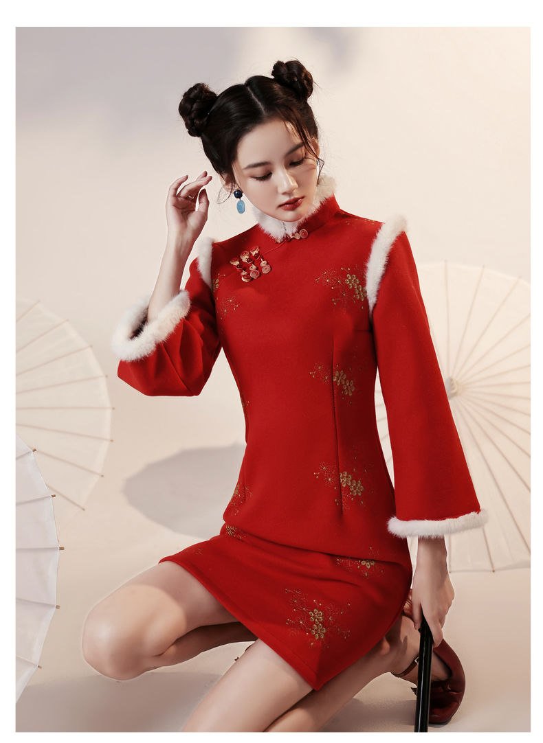 拜年服成人红色过年祺袍小袄2021冬季加厚年轻款少女小个子拜年装长袖