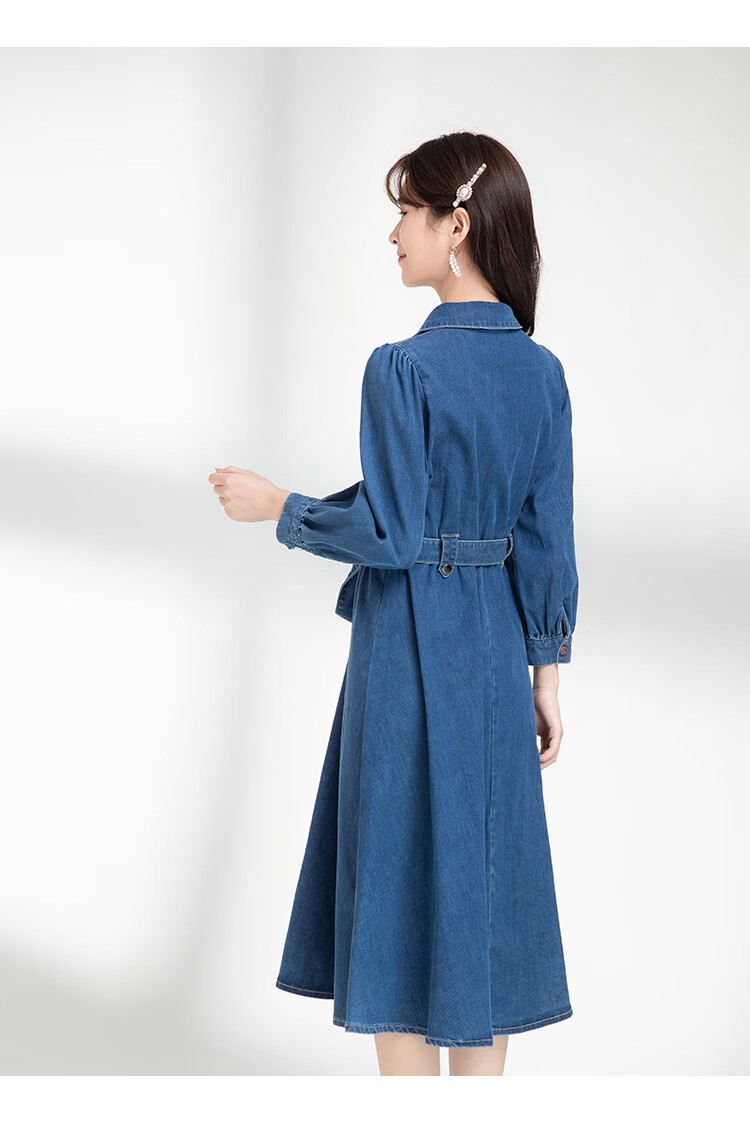 ief/爱依服连衣裙女2020秋季新品复古文艺气质高腰绑带显瘦牛仔裙1811