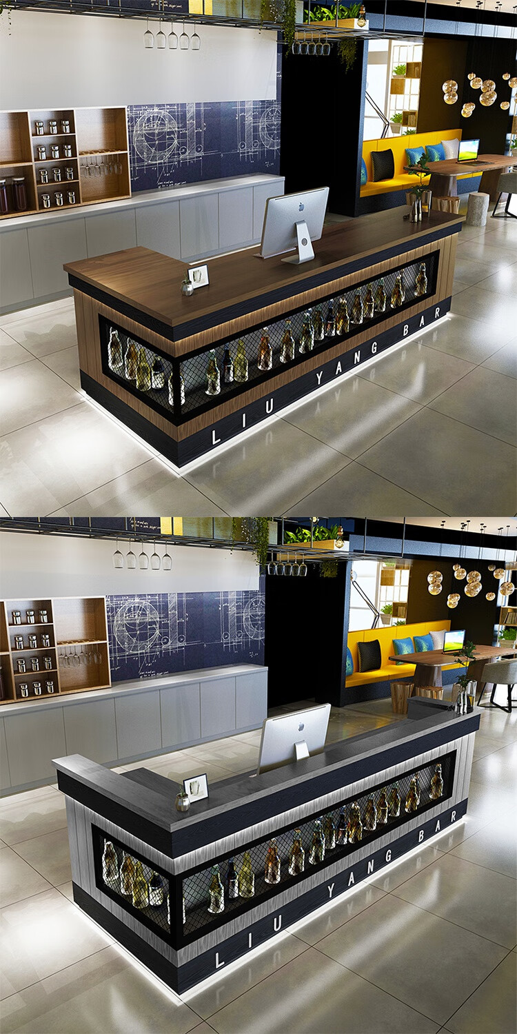 台酒吧工业风前台清吧接待订制圆弧转角家用酒柜吧台 l型平台面浅咖