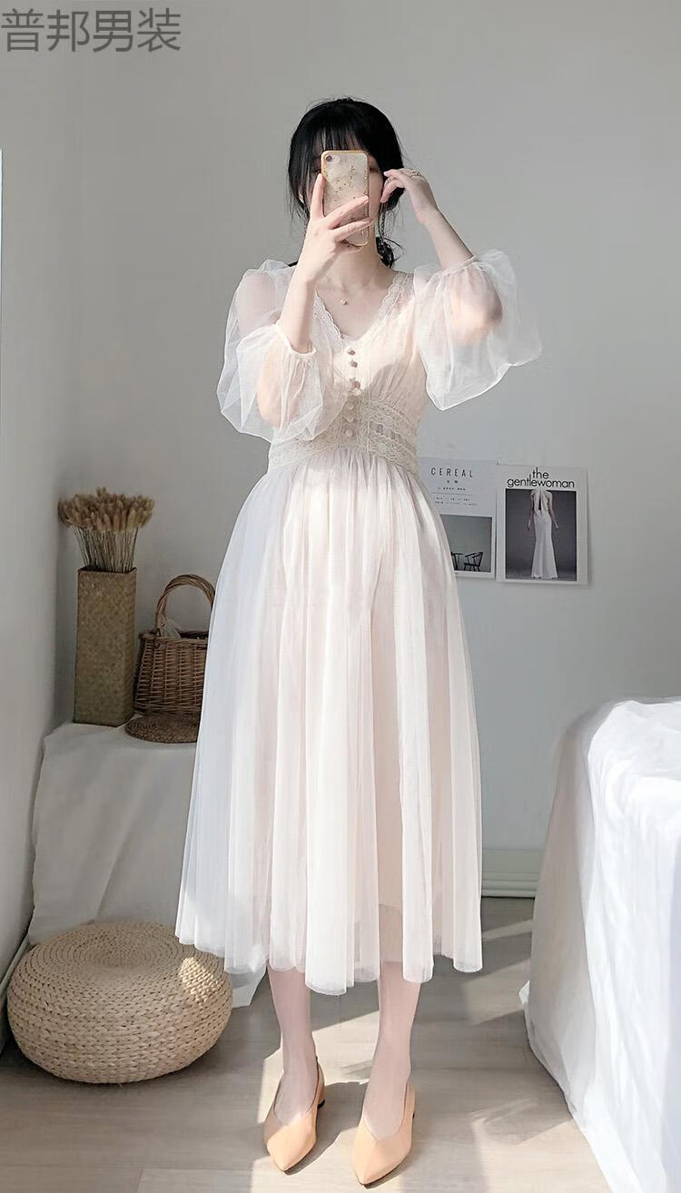 礼服公主裙夏法式网纱仙气长裙chic温柔裙子仙女超仙森系长款灰蓝色l