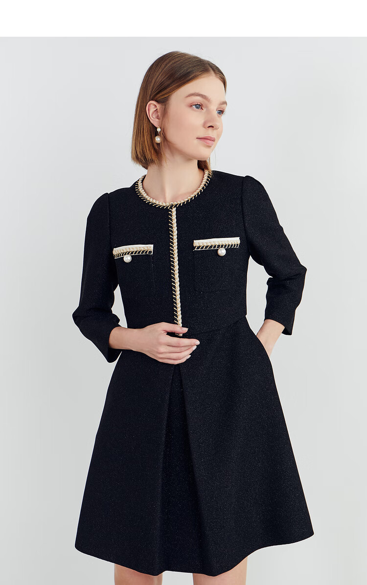 obbligato奥丽嘉朵新款黑色金葱编织小黑裙a版连衣裙1c61305050黑色