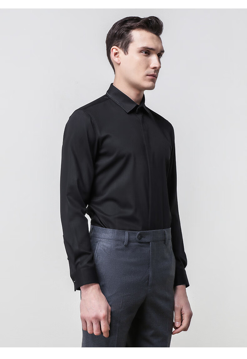 报喜鸟2021春秋季新款男士商务休闲长袖衬衫 修身黑色简约西服衬衣