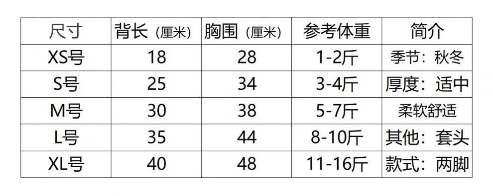 宠物衣服尺码对照表图片