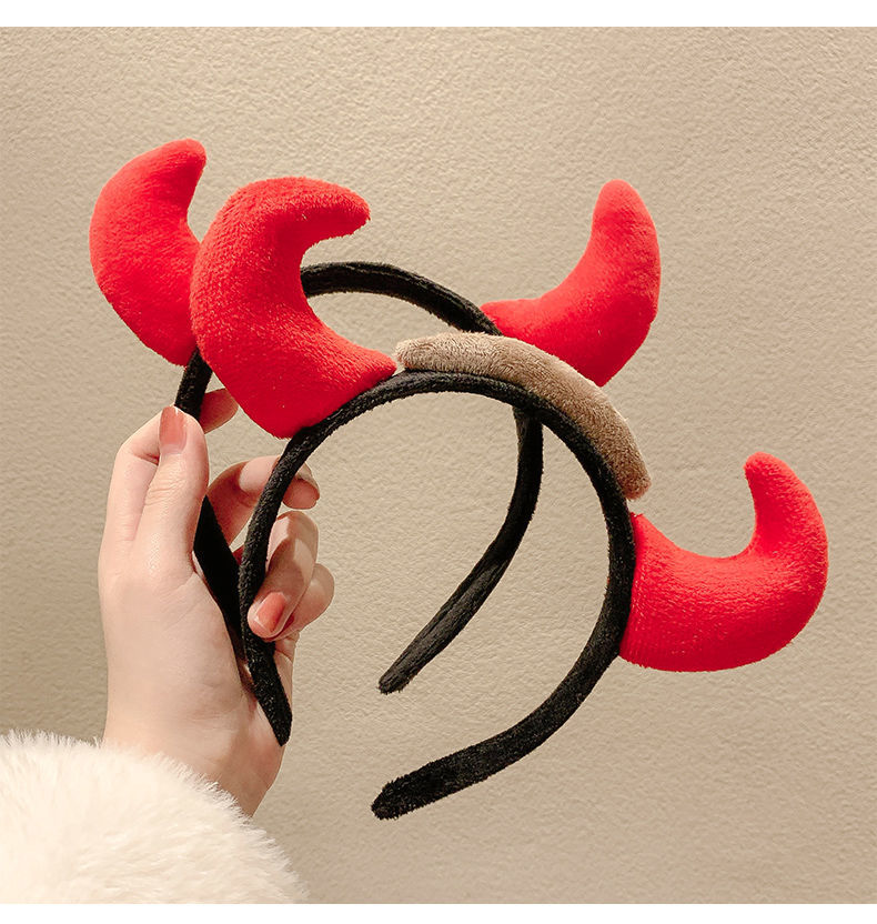 红色过年发箍牛气冲天牛角头饰新年发卡跨年儿童发饰节日道具头箍