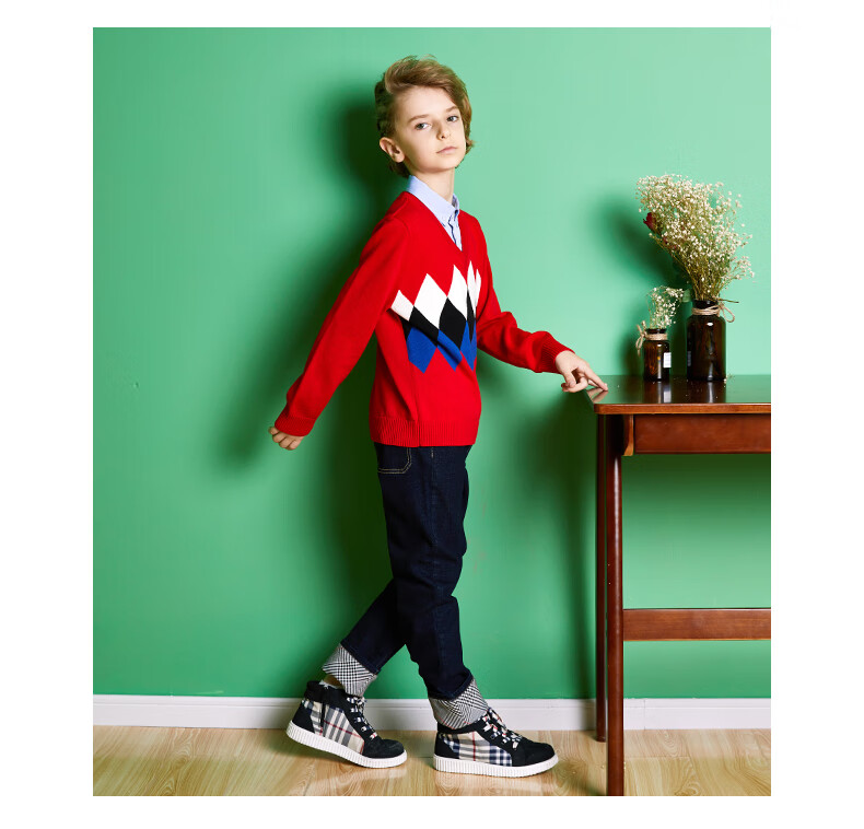 eland kids衣恋官方集团依恋衣恋男童假两件撞色针织衫童装 m/grey麻