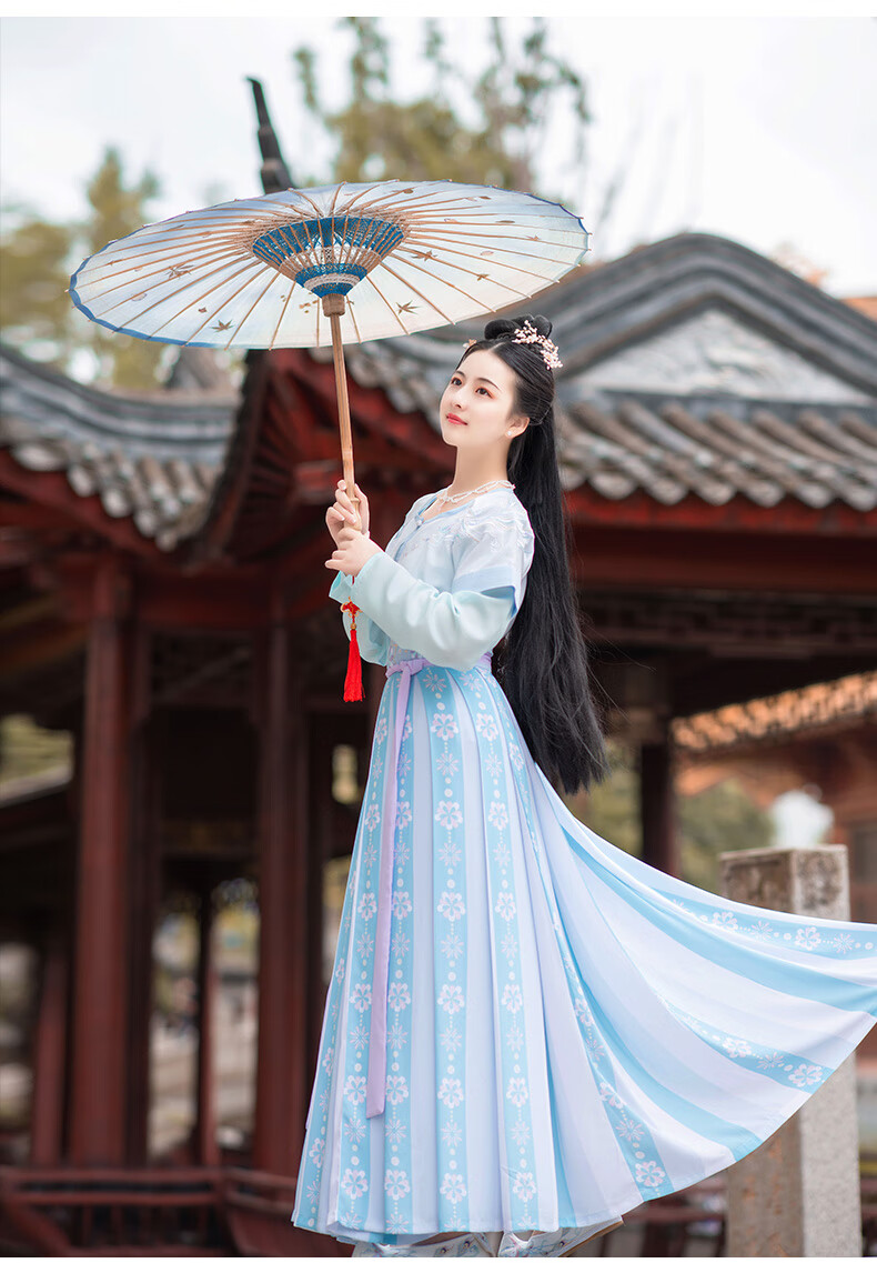 如梦霓裳汉服女夏装 坦领半臂襦裙枝间月交嵛裙窄袖莲花绣花夏季 黑色