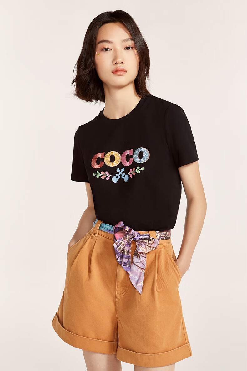 five plus2021新款女春装coco合作款短袖t恤女宽松上衣潮刺绣棉质