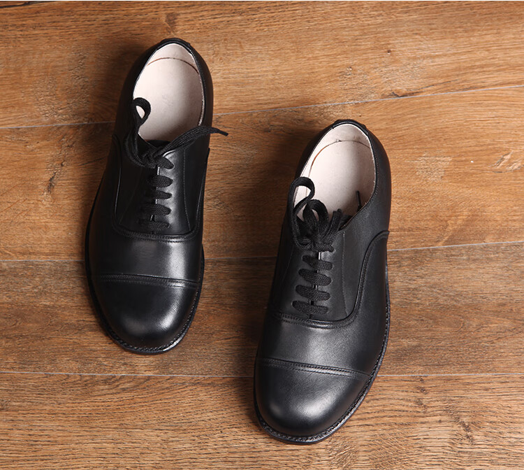 3516厂皮底圆头老领导皮鞋三接头大码宽松皮三钉皮趟底复古教官鞋黑色
