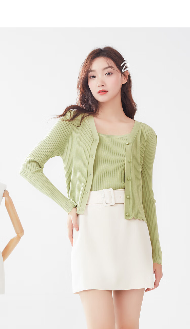 eland衣恋女装春季衣服v领长袖针织开衫外套女依恋甜美通勤街头风绿色