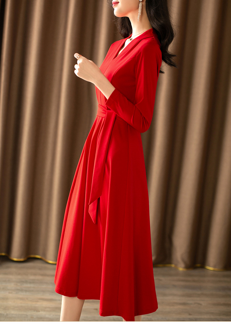 红色连衣裙春装2021新款女领长袖字裙修身显瘦气质大摆长裙子 红色 s