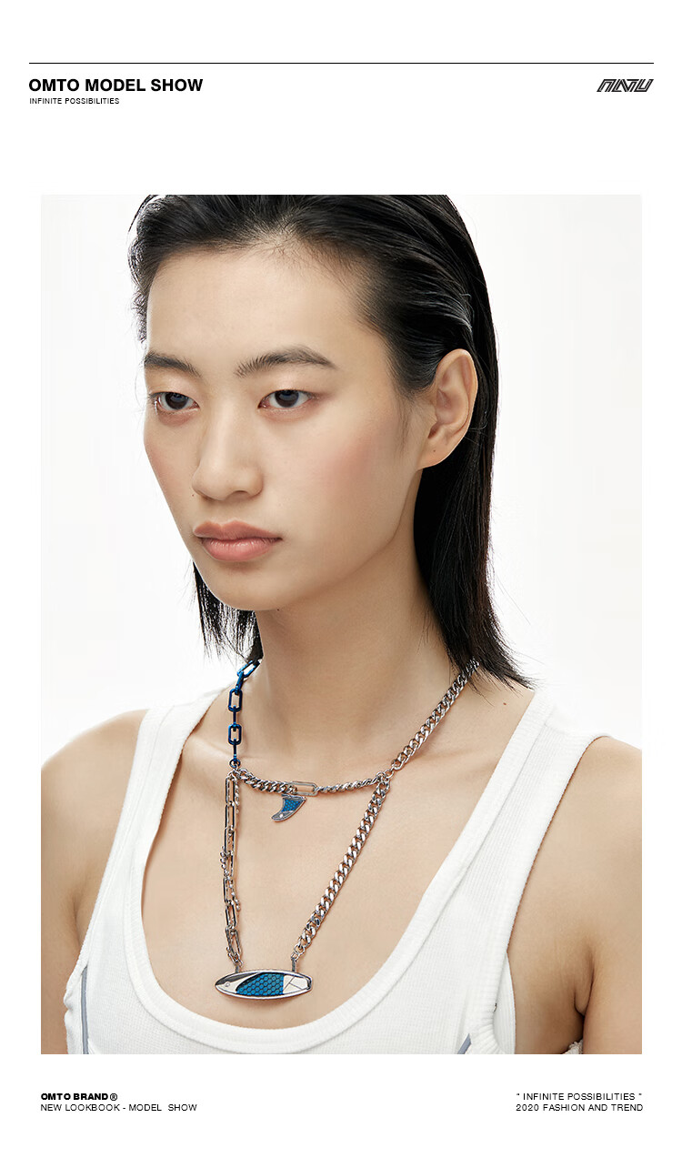 omto项链2021年新款女双层链条叠戴气质小众设计感情侣冲浪锁骨链银色