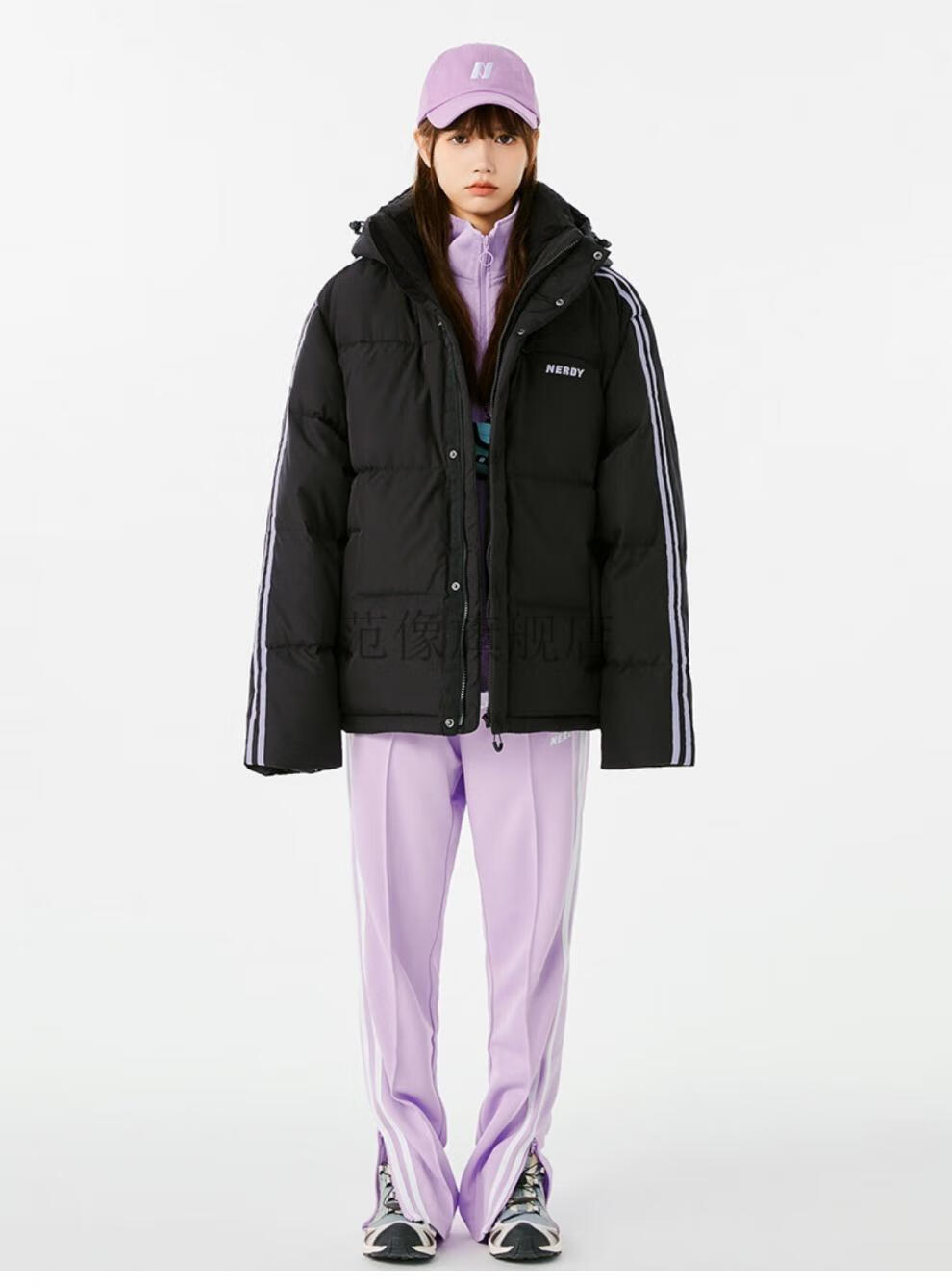 韩国潮牌nerdy羽绒服短款加厚保暖条纹串标男女外套 浅紫色 白条纹 m