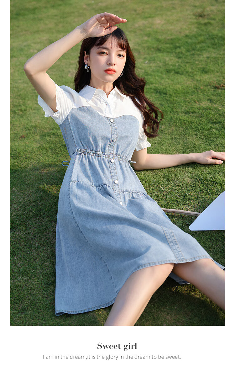 朵以2022夏季新款活力牛仔拼接连衣裙翻领收腰显瘦休闲a字裙子37vx