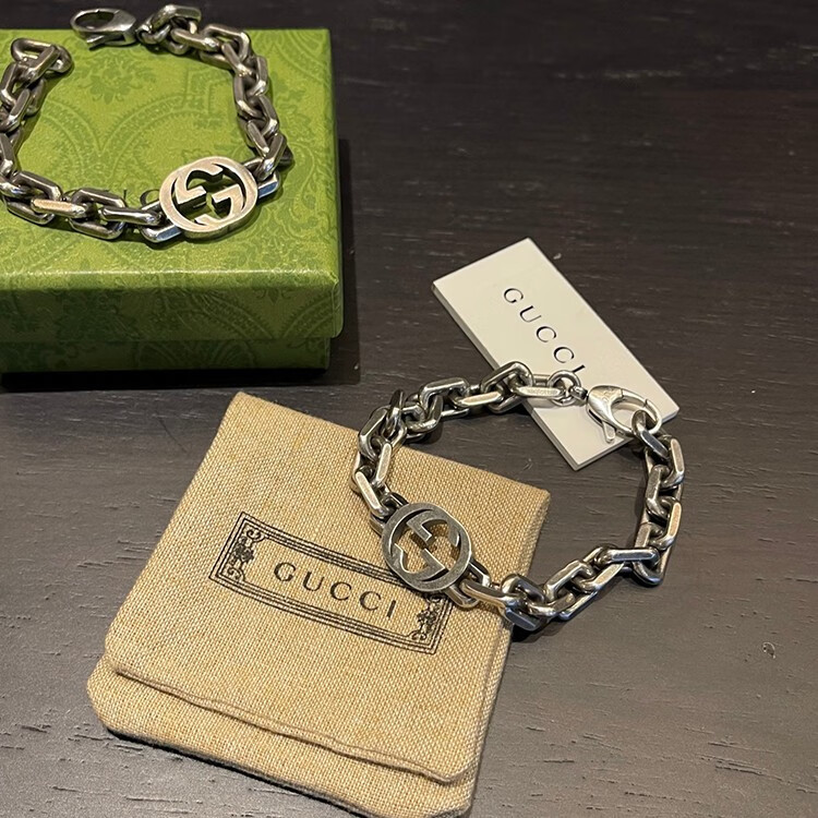 古驰(gucci)手链银互扣式双g粗手链送男朋友 时尚 设计款潮手链 双g粗