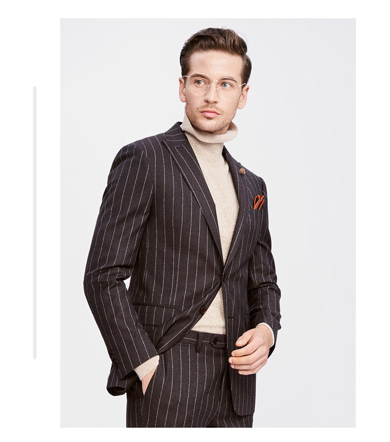 jodoll乔顿修身西服男上衣单件秋冬休闲条纹纯羊毛西装外套咖啡色50a