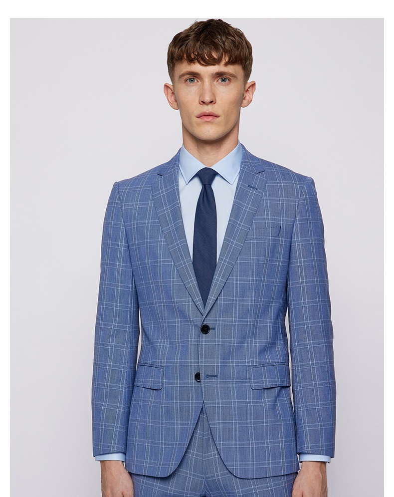 hugoboss雨果博斯男士春夏款特色方格初剪羊毛修身西服套装497泛蓝色