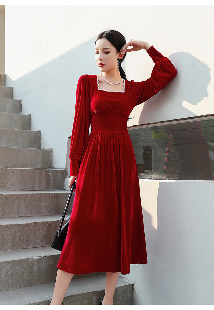 时尚网纱衣服酒红色金丝绒方领拼接年会酒会感长裙酒红色s建议8095斤