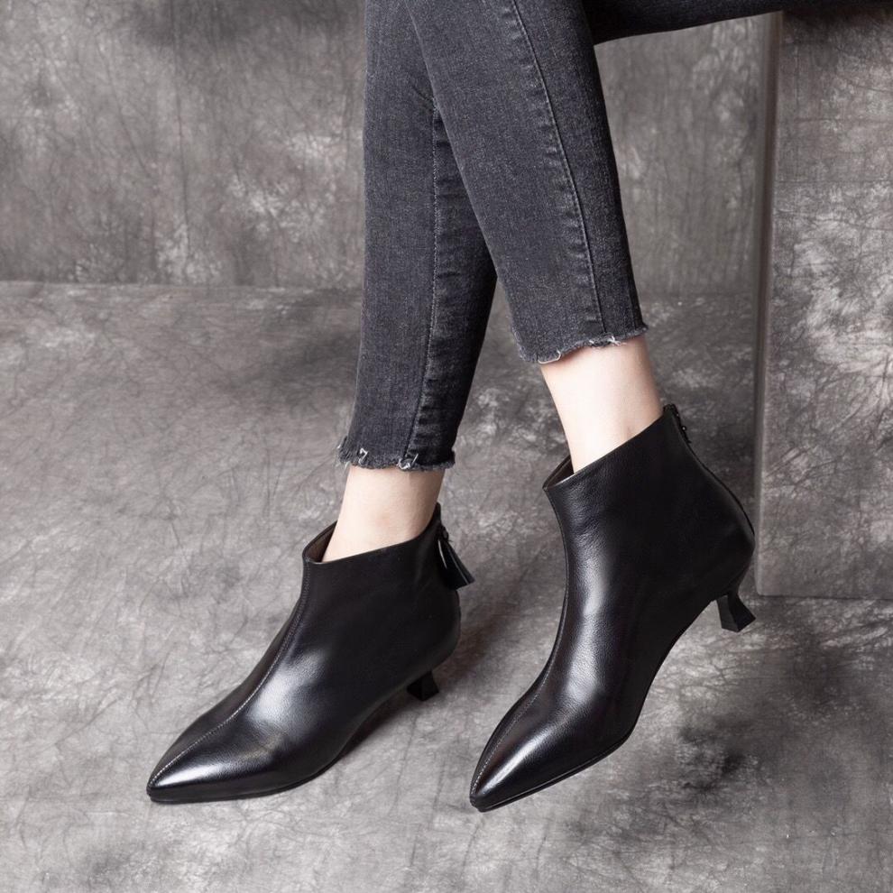 猫跟靴鞋方跟低跟真软皮小短靴女新款秋冬季细跟小跟猫跟软皮纯皮加绒