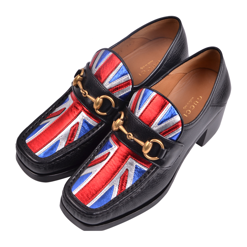 gucci/古驰 女士黑色牛皮图案 方头复古粗跟鞋 6cm 452773 d3vq0 1063