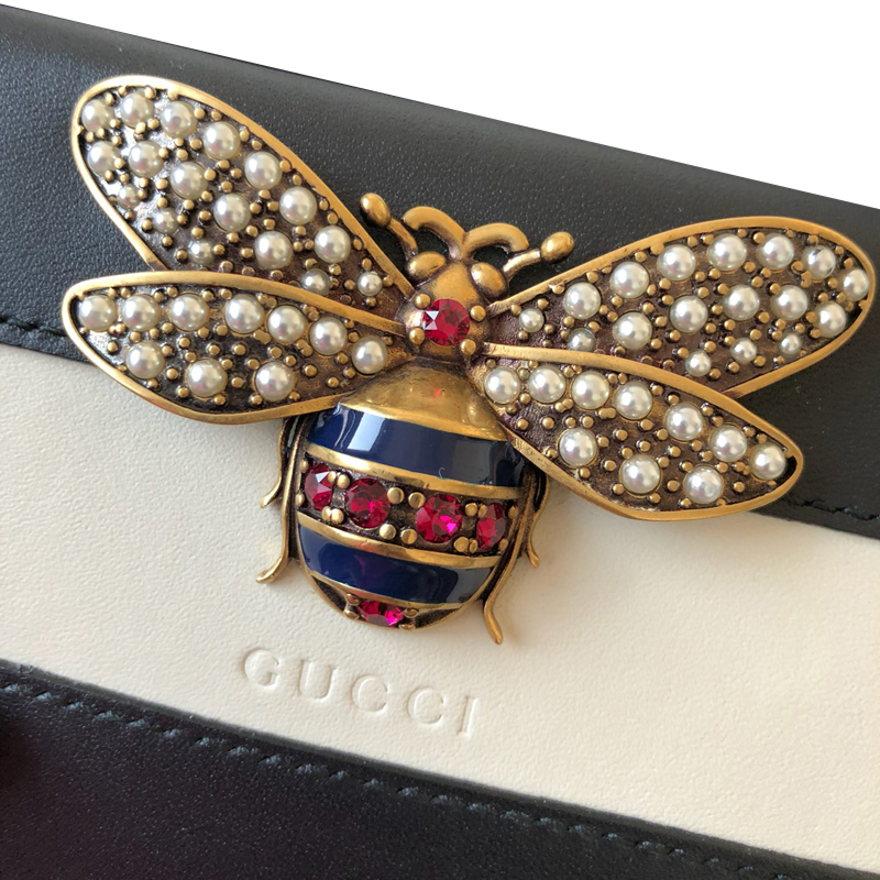 gucci/古驰女士经典皮质玛格丽特皇后小钱包立体珍珠蜜蜂ak 黑色系