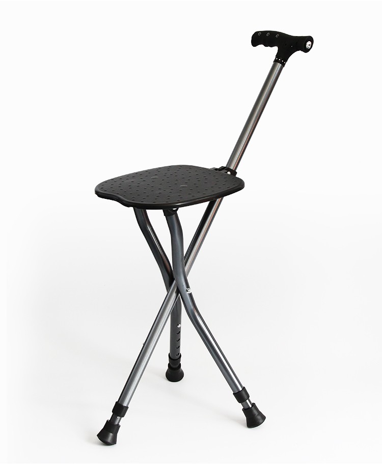 折叠伸缩拐杖凳带灯防滑老人手杖拐棍多功能三脚拐杖椅 【黑色】锂