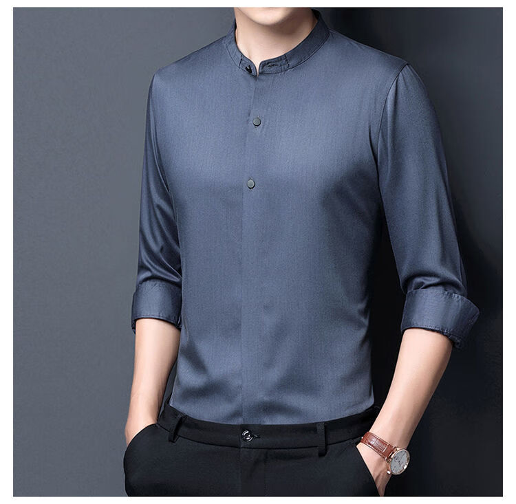 皮尔卡丹轻奢品牌男装高端缎面丝质衬衫男士纯色立领亮面长袖韩版滑料