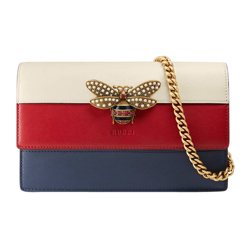 奢华gucci玛格丽特皇后蜜蜂珍珠woc链条包ai白红蓝拼接2013