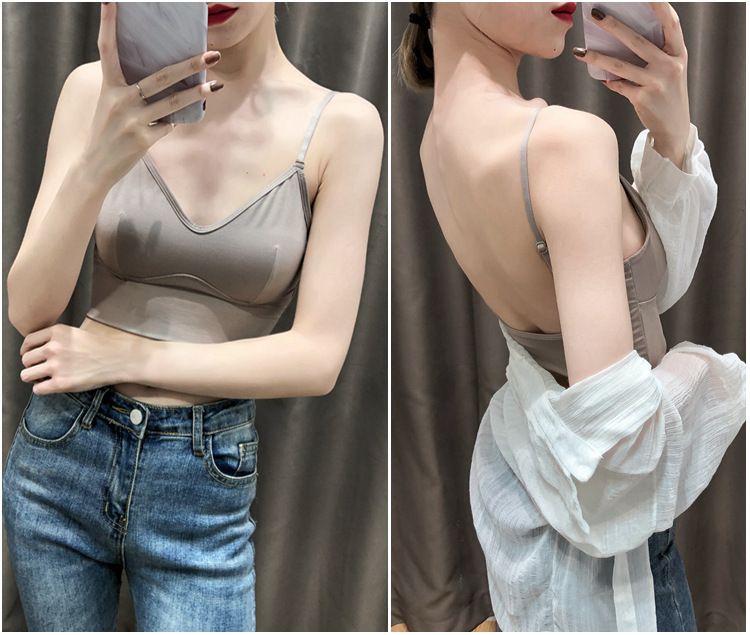 kj夏季薄款美背文胸抹胸内衣女无钢圈大露背u型吊带背心带胸垫 黑色