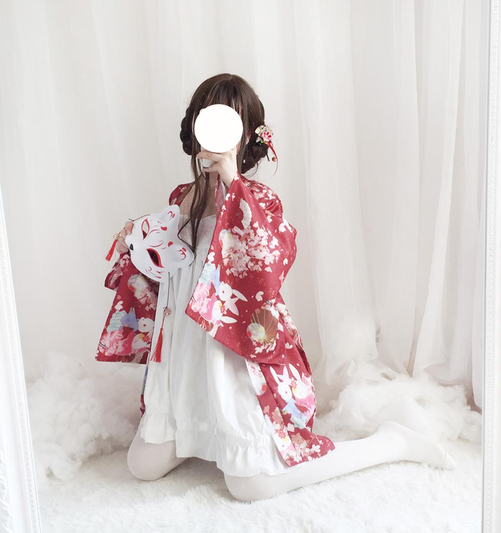 日式可爱祈愿兔羽织软妹印花少女学生防晒百搭jk外披 羽织 扇子(颜色