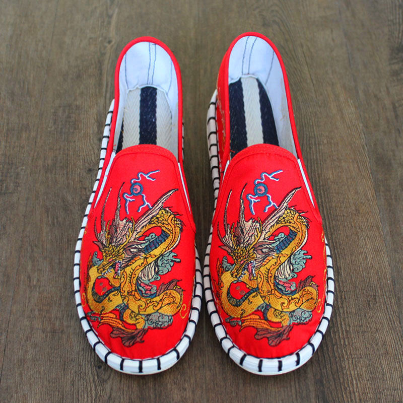 唐装鞋子男色鬼刺绣风春夏软底工作鞋社会潮鞋快手红人 红底青龙 36