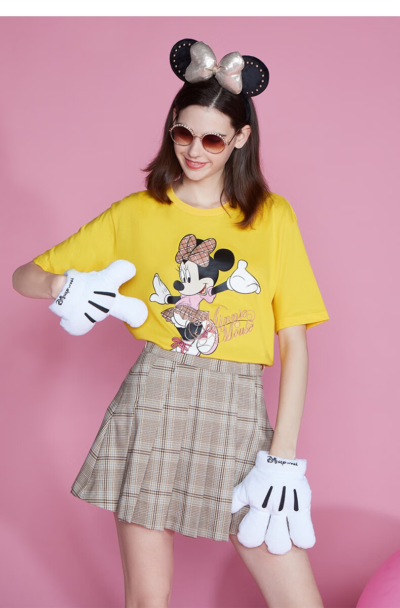 five plus2021新款女装迪士尼米奇联名款短袖t恤女宽松图案上衣 浅粉