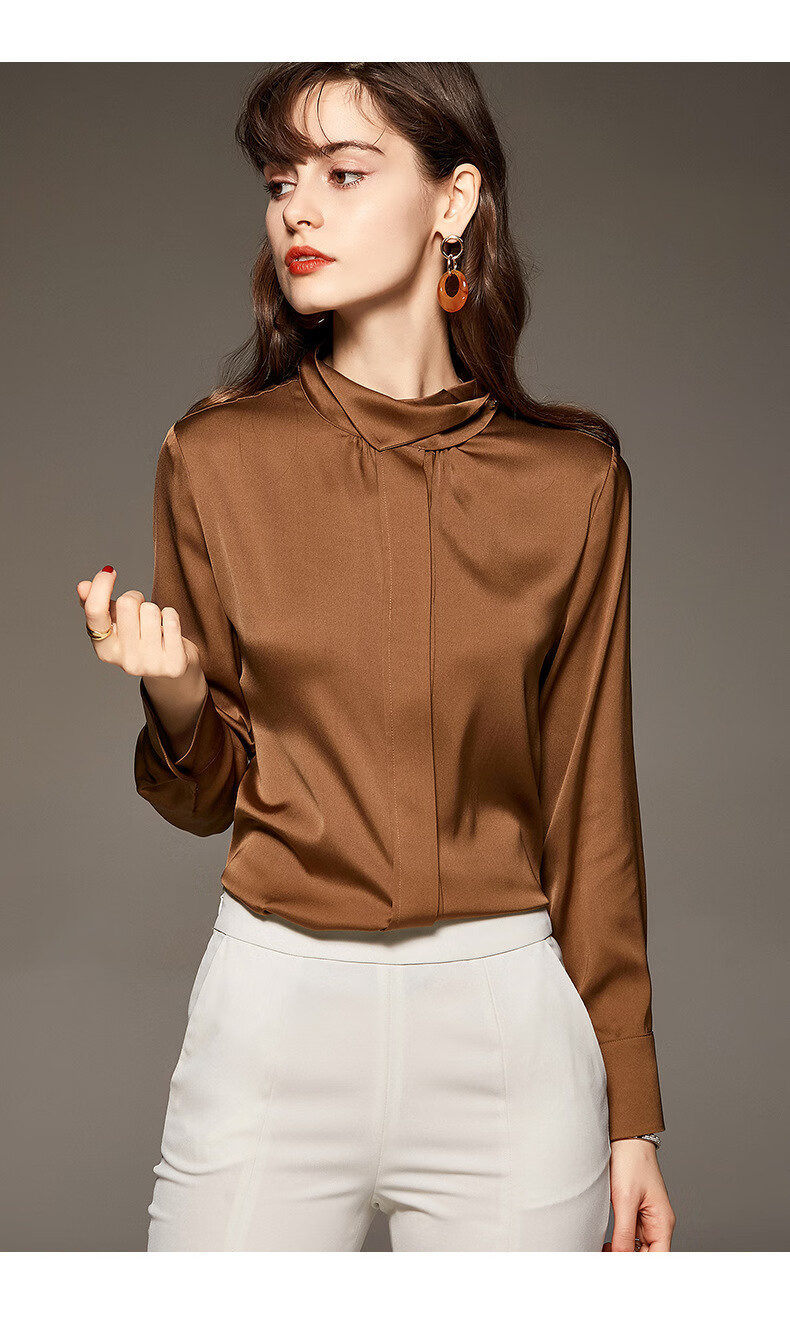 【蓝绚丽】大码缎面真丝衬衫女 立领长袖纯色百搭桑蚕丝上衣mj2721