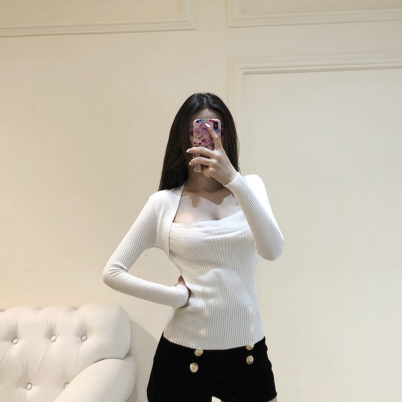 超低胸打底衫春季主播性感方领低胸显胸大长袖百搭色针2021 黑色(上衣