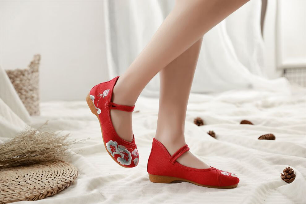 花布鞋凌波水芙蓉中国风古典汉服鞋水墨刺绣荷花莲花绣花鞋布鞋女单鞋