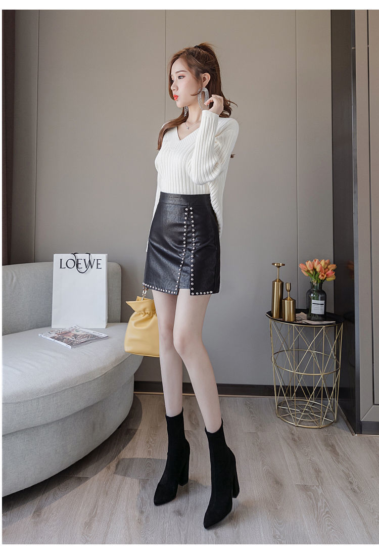 言朔黑色不规则开叉重工铆钉皮裙半身裙女秋季高腰显瘦a字裙包臀短裙