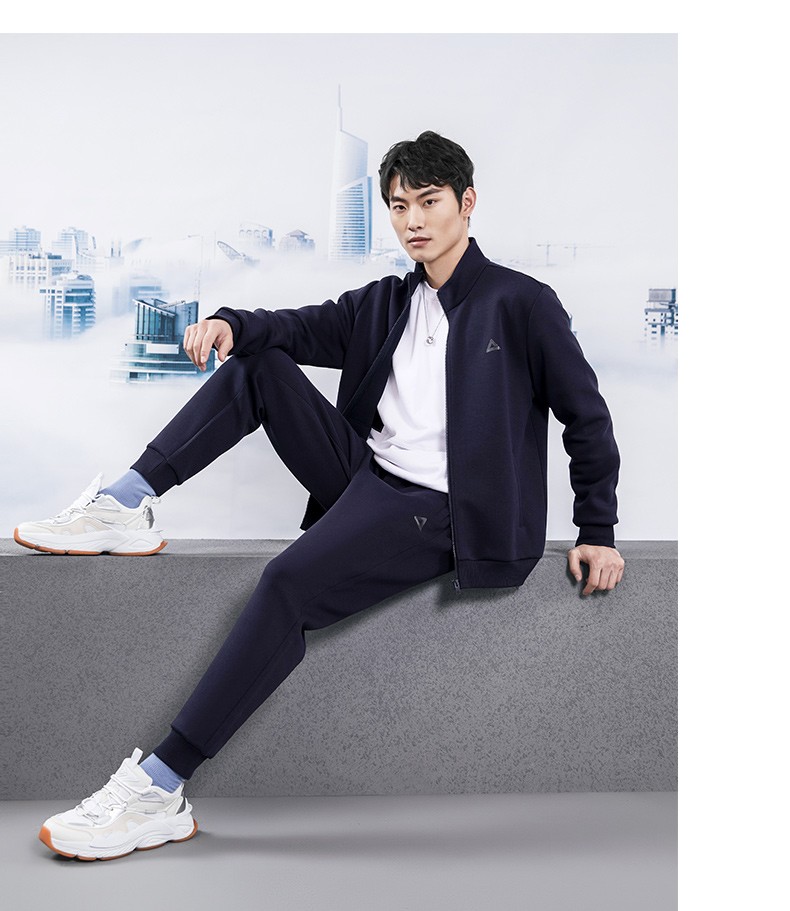 匹克运动套装男士新款开衫针织外套跑步长裤两件套休闲服df113051黑色