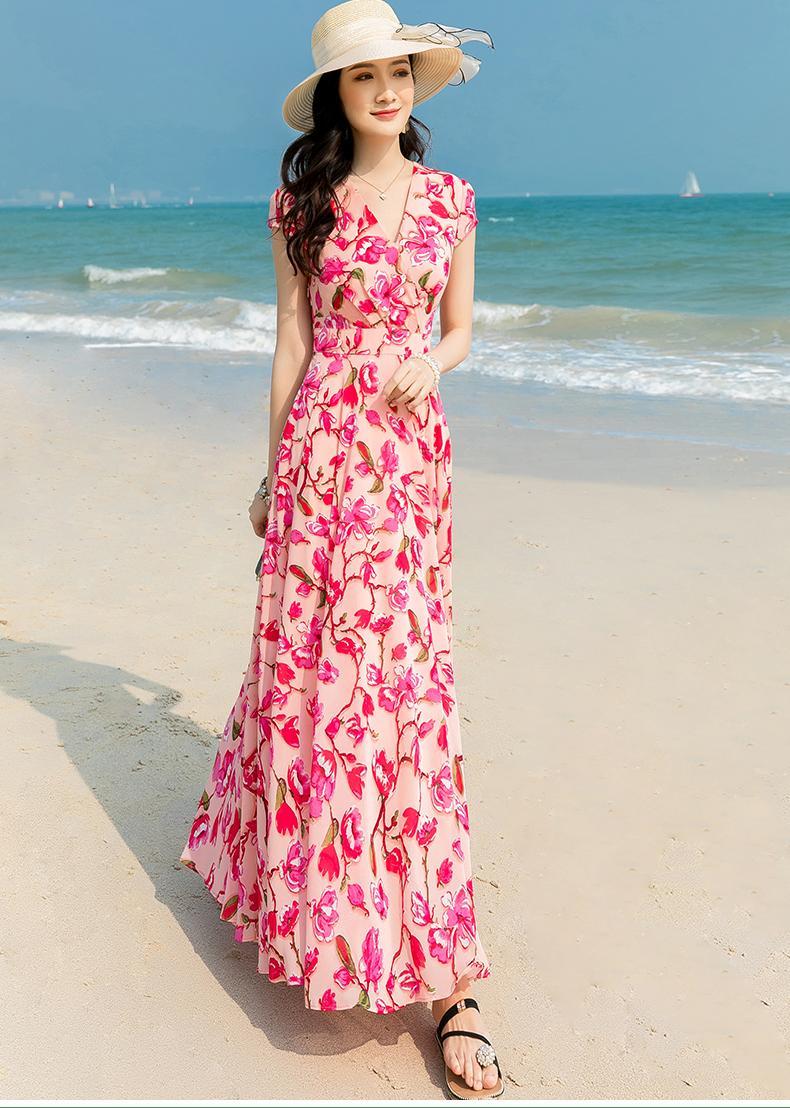 高端高端夏雪纺连衣裙女新款长款裙子气质海边度假收腰显瘦沙滩裙长裙