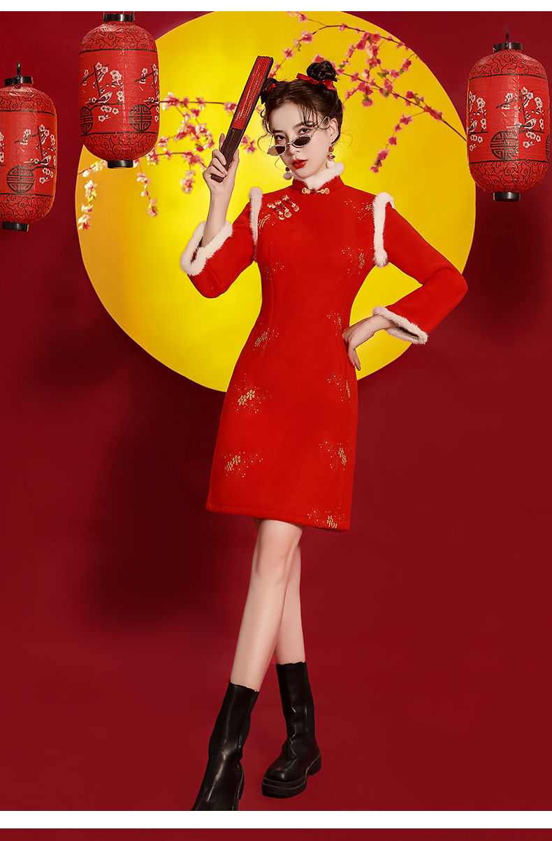 拜年服成人红色旗袍冬季冬款加厚改良短款过年小袄大人新年拜年服女装